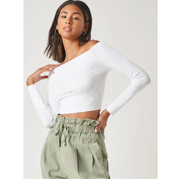 White Off The Shoulder Long Sleeve Crop Top Fitted - Picture 3 of 7